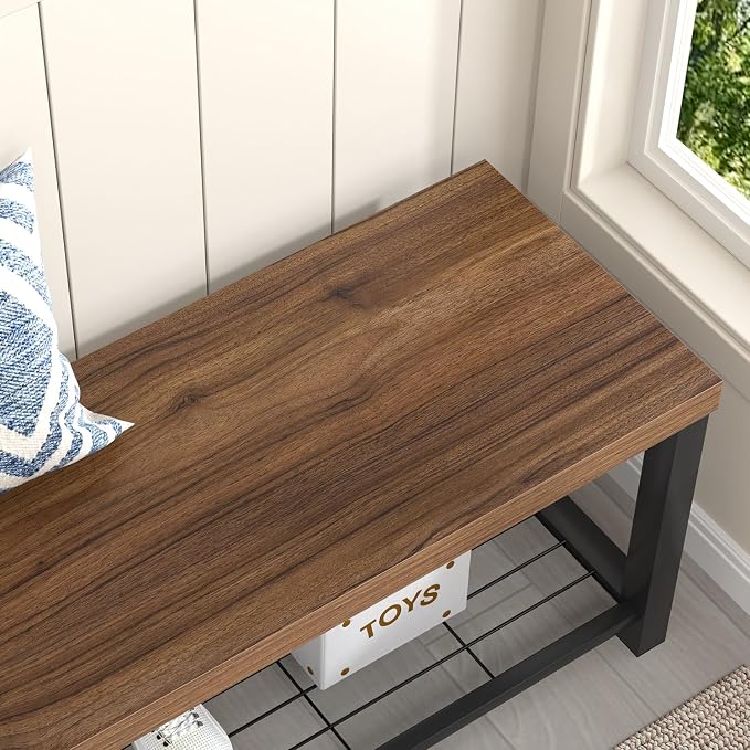 FOLUBAN Modern Entryway Bench - Rustic Wood and Metal Shoe Storage for Hallway Front Door Entrance, Industrial Indoor Seat for Bedroom Living Room, 43 Inch Walnut