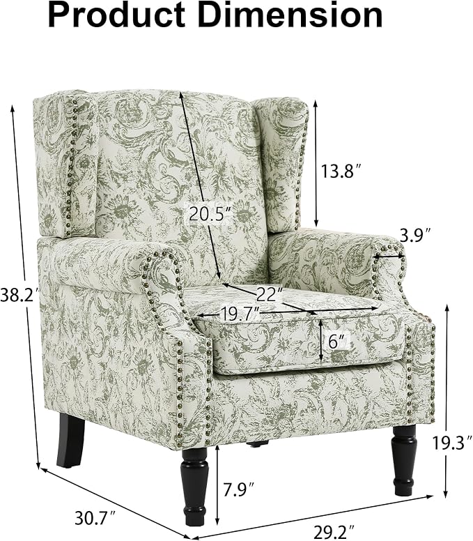 Pia Ricco High Back Floral Accent Chair - Retro Wingback Upholstered Armchair with Nailhead Trim, Solid Wood Legs, Fabric Living Room Bedroom Reading Chair (Plants Green)