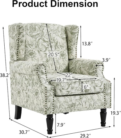 Pia Ricco Set of 2 Floral Accent Chairs, High Back Upholstered Armchairs with Retro Wingback Design, Nailhead Trim & Solid Wood Legs for Living Room Bedroom(Plants Green)