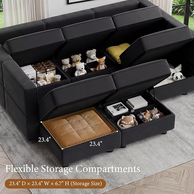 Vesgantti Sectional Couches with Storage Seats, 118" L Shaped Convertible Modular Sectional Sofa, 4 Seat & 1 Ottoman Velvet Storage Chaises Deep Seat Couch for Living Room, Bedroom, Apartment, Black