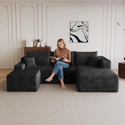 95" Cloud Boneless Sectional Sofa Couch with Chaise Lounge and Ottoman, Modern Corduroy Right Facing Modular Sectional Sofa Compressed Corner Couch with Deep Seat, No Assembly Required
