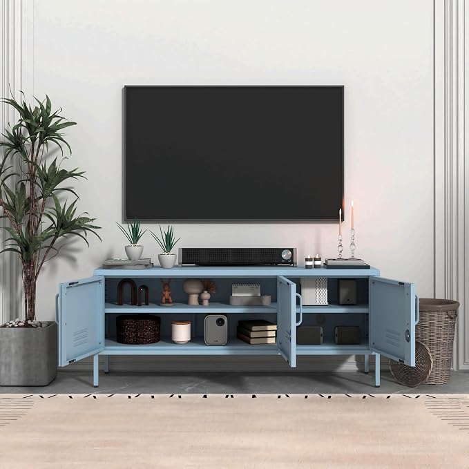 3 Door TV Standwith Storage Locke Metal TV Cabinet with 2-Tier Multi-Purpose Lockable Wide Storage Cabinet, Media Console Table with Metal Legs for Living Room, Bedroom,Office,Blue
