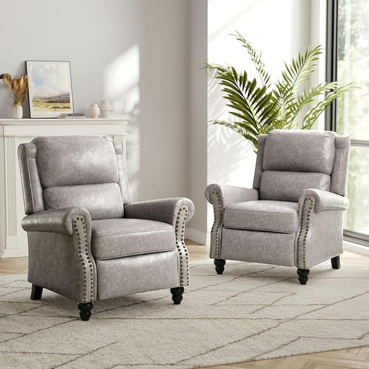 Faux Leather Recliner Chair, Modern Pushback Armchair with Adjustable Backrest & Footrest for Bedroom, Living Room (Grey, Set of 2)