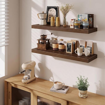 Fun Memories Floating Shelves for Wall 36 Inches, Wood Shelves with Invisible Bracket, 10" Deep Shelves Wall Mounted, Large Wood Floating Shelves for Living Room Bathroom, Walnut, Set of 2