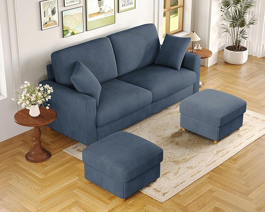 Kidirect 70in U Shaped Couch, Modular Sofa No Tool Assembly, Comfy Sectional Couches for Living Room 21in Deeper Seats, Corduroy Sofas for Living Room with 2 Pillows, Loveseat Sofa Set, Blue Couch