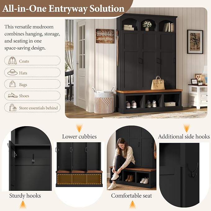 Merax Classic Arched Hall Tree with 3 Hidden Storage, Farmhouse Mudroom Bench with 5 Hooks, Mid-Century Entryway Organizer for Shoes, Black