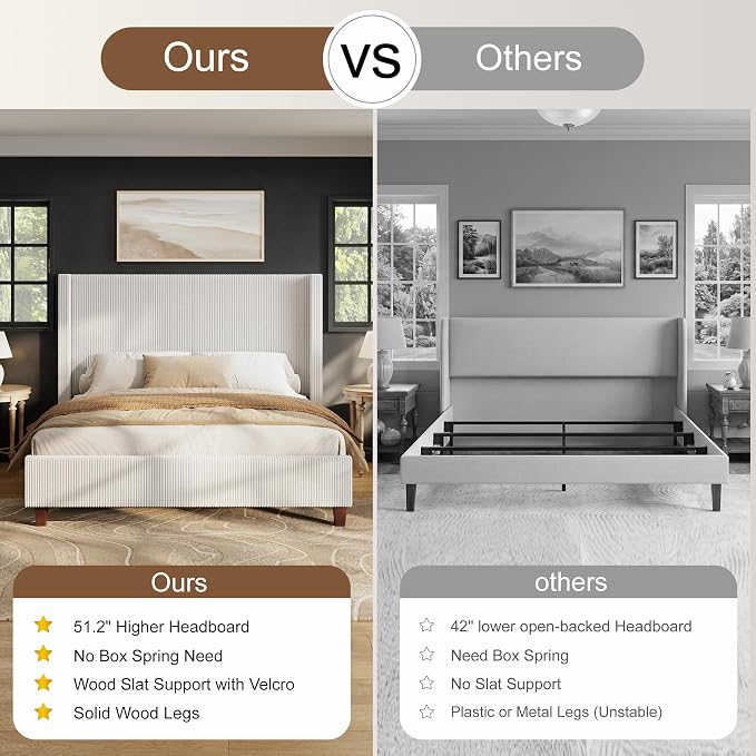 HOWE Queen Size Bed Frame with 50.8 Inch Corduroy Wingback Headboard, Cream | Modern Upholstered Platform Bed, Solid Wood Slats, No Box Spring Needed, Noise-Reducing Design
