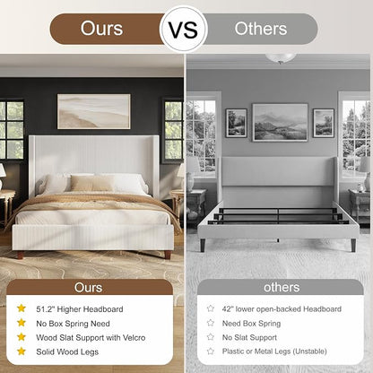 HOWE Queen Size Bed Frame with 50.8 Inch Corduroy Wingback Headboard, Cream | Modern Upholstered Platform Bed, Solid Wood Slats, No Box Spring Needed, Noise-Reducing Design