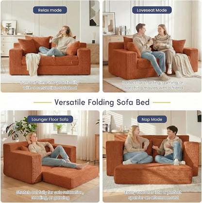 cidludto Convertible Sofa Bed, Boneless Couch 2 in 1 Loveseat Folding Couch Bed Foldable, Chair Bed & Futon Sofa Bed, Small Corduroy Pull Out Sofa with 4 Pillows for Living Room, Orange