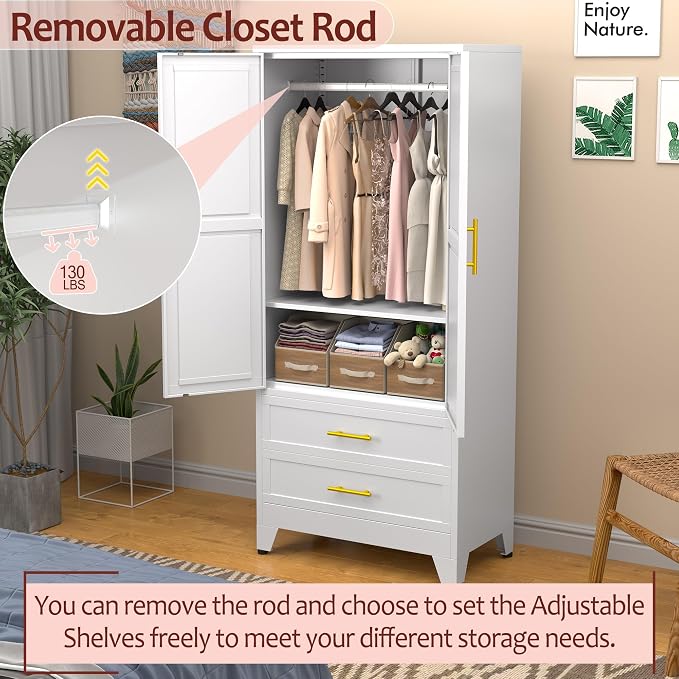 winiowa Metal Armoire Wardrobe Closet with 2 Drawers, 71" Wardrobe Cabinet with Adjustable Shelves and Hanging Rod, Clothing Storage Cabinet Closet for Bedroom-White