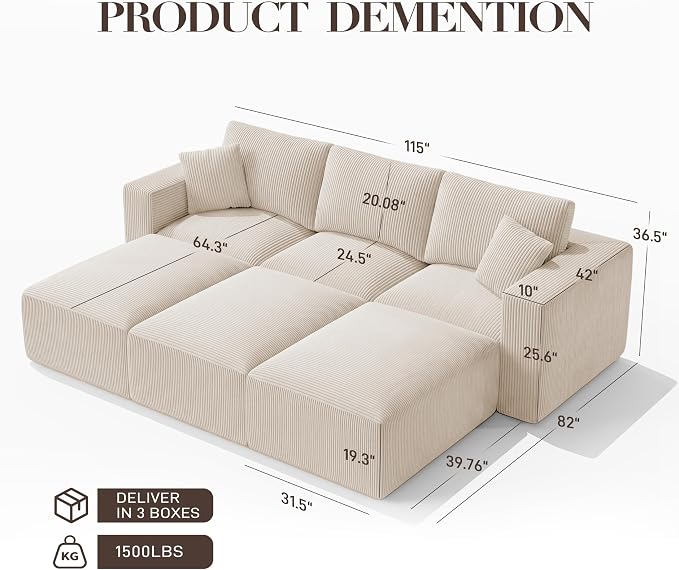 Modular Sectional Sofa Bed with Chaise, 115" Memory Foam Cloud Couch, Boneless Corduroy Upholstered Floor Couch, No Assembly Required Living Room Furniture for Apartment Home, Beige