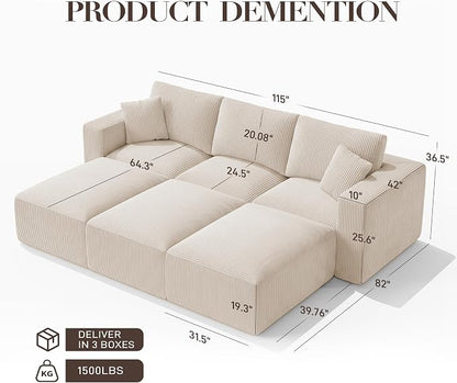 Modular Sectional Sofa Bed with Chaise, 115" Memory Foam Cloud Couch, Boneless Corduroy Upholstered Floor Couch, No Assembly Required Living Room Furniture for Apartment Home, Beige
