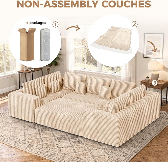 Luxanimarion 136'' Large Sectional Cloud Couches with Chaise, U Shaped Boneless Sofa Bed with Ottoman, No Assembly Required Deep Seat Modular Lounge for Living Room 4PCS Set, Bedroom(Khaki)