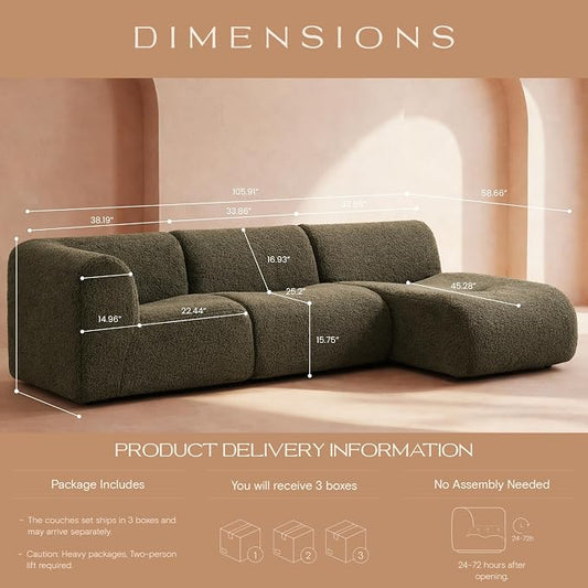 Curved Sectional Modular Couch with Chaise, Modern 105.91'' Boneless Sofa with Deep Seat, Sherpa Boucle Cloud Couch for Living Room, Cozy Teddy L-Shaped Couches, No Assembly, Green