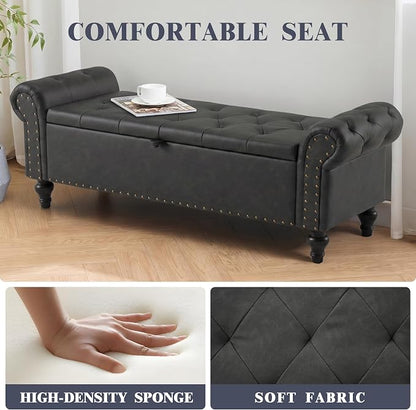 55" Storage Bench for Bedroom, Upholstered Ottoman Bench, Leather DarkGray | End of Bed Bench for Bedroom, Window Benches for Living Room, Entryway, Ottoman with Large Storage Space, Pet Friendly