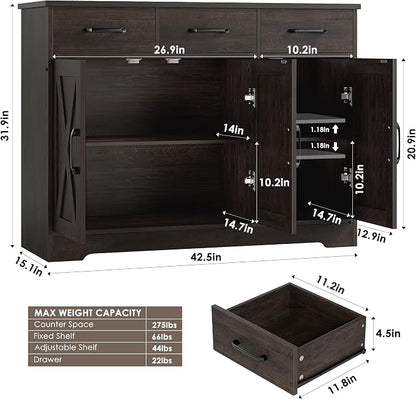 HOSTACK Modern Farmhouse Buffet Sideboard Cabinet, Barn Doors Storage Cabinet with Drawers and Shelves, Wood Coffee Bar with Storage for Dining Room, Kitchen, Living Room, Dark Brown