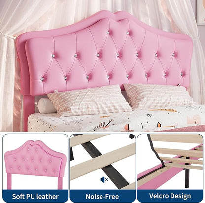 Garvee Full Size Bed Frame with LED Lights & Velvet Crystal Button Headboard, Upholstered Boy/Girl Platform Bed with Storage Drawer, Noise Free, No Box Spring Needed for Kids, Teens, Pink