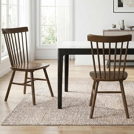 AreShark Windsor Dining Chairs, Farmhouse Wooden Dining Room Chairs, Solid Wood Kitchen Chairs with Spindle Back Set of 2, Walnut