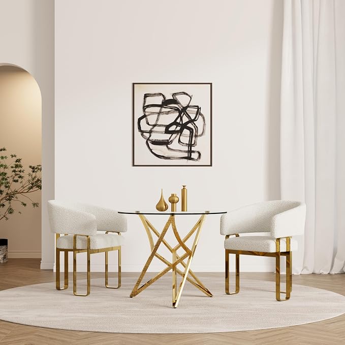 Boucle Dining Chairs with Arms, White Barrel Dining Chairs with U-Shaped Mirrored Gold Legs, Modern Side Chairs for Dining Table, Kitchen, Restaurant Recepition, Vanity, Set of 3