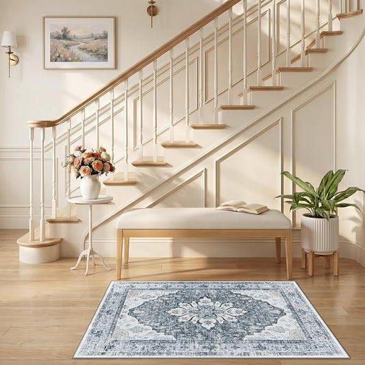 RELEANY Area Rugs Small 2'6"x4' Washable Non-Slip, Floral Vintage Distress Medallion Carpet for Kitchen Entryway Bathroom, Light Gray Grey White
