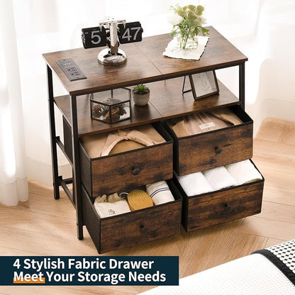 Yoobure Night Stand with Charge Station, Nightstand with 4 Drawers Bedside Table, LED Dresser with Storage Shelf, Night Stands for Bedroom, Side Table 3-Tier Wood End Table for Home Rustic Brown