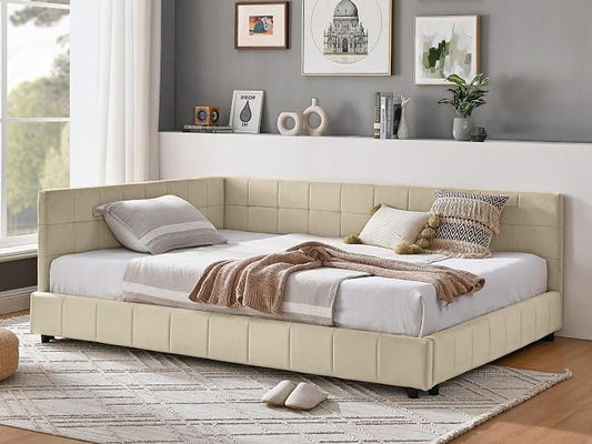 KEIKI Full Size L Shape Corner Bed Frames with Backrest and Armrests, Velvet Upholstered Sofa Daybed for Small Room, Living Room, Bedroom, Guest Room, Kids' Room