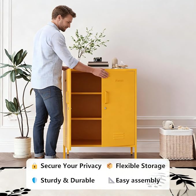 Yellow 3 Tier Metal Storage Cabinet with Legs, Lockable 2 Door Metal Locker, Heavy Duty Multipurpose Accent Storage Cabinet with 2 Adjustable Shelves for Home, Office, Entryway and Hallway