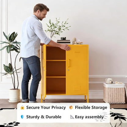 Yellow 3 Tier Metal Storage Cabinet with Legs, Lockable 2 Door Metal Locker, Heavy Duty Multipurpose Accent Storage Cabinet with 2 Adjustable Shelves for Home, Office, Entryway and Hallway