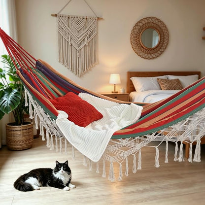 Bellzacasa Brazilian Double Camping Hammock, Portable Hammock Heavy Duty 500 lb Load Capacity Tassels and Fishtail Knitting with Carry Bag & Tree Straps for Patio Balcony Backyard, Red Stripes
