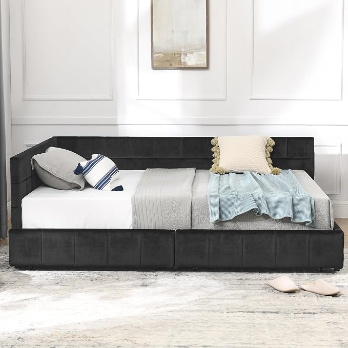 Bellemave Full Size Corner Bed Frame with Storage Drawers, Comfortable Backrest and Armrests, Velvet Tufted Corner Bed Frame Full Size, Upholstered Daybed for Bedroom, Living Room, Guest Room, Black