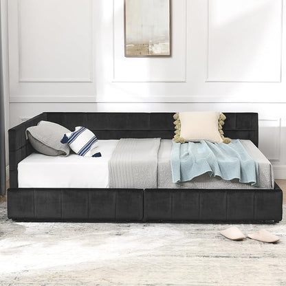 Bellemave Full Size Corner Bed Frame with Storage Drawers, Comfortable Backrest and Armrests, Velvet Tufted Corner Bed Frame Full Size, Upholstered Daybed for Bedroom, Living Room, Guest Room, Black