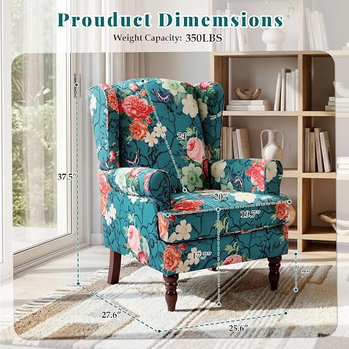 EROMMY Floral Accent Chair, Comfortable High Back Upholstered Armchair with Solid Wood Legs, Leisure Single Sofa Chair for Living Room, Bedroom, Home Office, Teal Floral