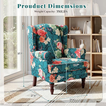 EROMMY Floral Accent Chair, Comfortable High Back Upholstered Armchair with Solid Wood Legs, Leisure Single Sofa Chair for Living Room, Bedroom, Home Office, Teal Floral