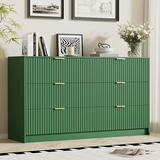 Furniway Green Dresser Bedroom Set 3 Pieces, Nightstands Sets of 2, 6 Drawer Dresser with Gold Handles for Bedroom