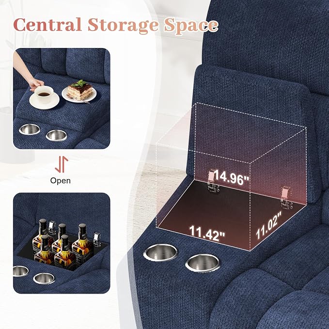 Recliner Sofa Set with 2+1 Pieces, Fabric Manual Pull Tab Reclining Loveseat with Storage Console, Single Recliner Chair for Living Room, RV, Blue