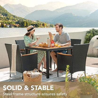 Devoko 5 PCS Furniture, Patio Conversation Set with Acacia Wood Top, Rattan Outdoor Dining Table and Chairs for Backyard, Garden, Deck, Black