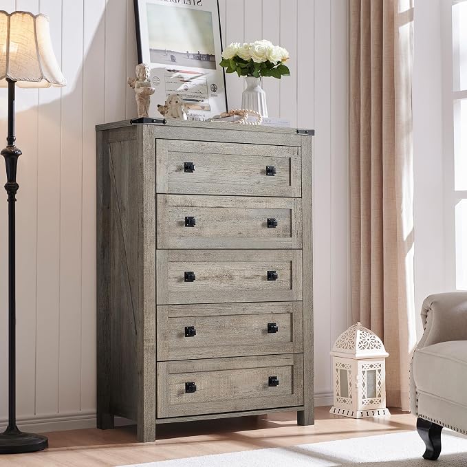 T4TREAM 48" Tall Farmhouse 5-Drawer Dresser for Bedroom, Light Rustic Oak | Rustic chests of drawers, Wood Storage Cabinet, Metal Handle, Unique Corner Accent, Bedroom, Living Room, Hallway