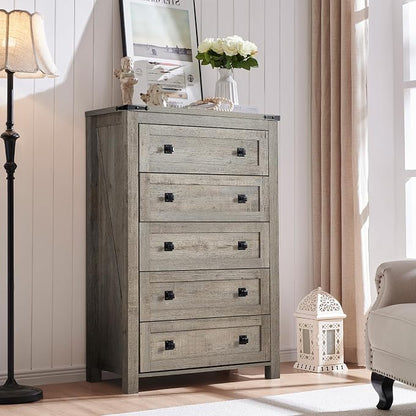 T4TREAM 48" Tall Farmhouse 5-Drawer Dresser for Bedroom, Light Rustic Oak | Rustic chests of drawers, Wood Storage Cabinet, Metal Handle, Unique Corner Accent, Bedroom, Living Room, Hallway