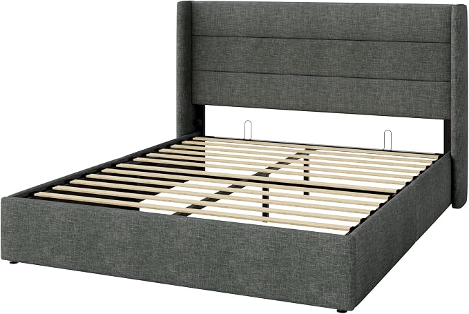 SHA CERLIN Full Size Lift Up Storage Bed/Modern Wingback Headboard/Upholstered Platform Bed Frame/Hydraulic Storage/No Box Spring Needed/Wood Slats Support/Dark Grey