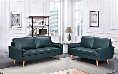 Container Furniture Faux Leather Sofa for the Modern Living Room with Removable Cushions and Solid Wood Legs, Luxury Style Button-Tufted Couch, 69.68" Wide, Dark Ocean Blue