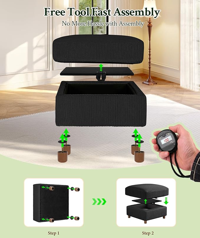 Welzona 25.2" Couches for Living Room, Comfy Black Ottoman with Storage, Foot Rest Tool-Free Setup, Small Ottoman Foot Rest for Couch, Corduroy Couch for Bedroom, Apartment, Office