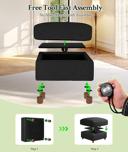 Welzona 25.2" Couches for Living Room, Comfy Black Ottoman with Storage, Foot Rest Tool-Free Setup, Small Ottoman Foot Rest for Couch, Corduroy Couch for Bedroom, Apartment, Office