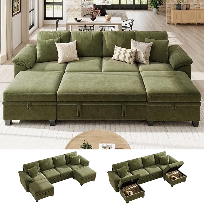 Ihanherry 108" Modular Sectional Sofa with Pull Out Bed, 6-Seater U Shaped Sectional Sleeper Couch with Storage Ottoman, Chenille Convertible Couches for Living Room, Apartment (Green)