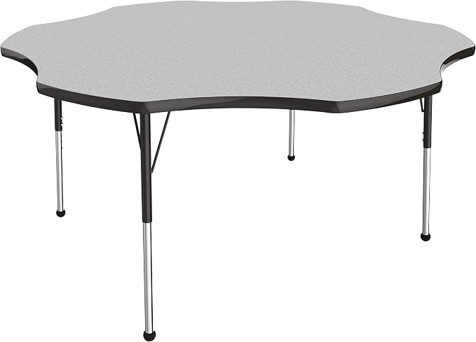 FDP Flower Activity School and Office Table (60 inch), Standard Legs with Ball Glides for Collaborative Seating Environments, Adjustable Height 19-30 inches - Gray Top and Black Edge