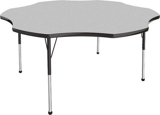 FDP Flower Activity School and Office Table (60 inch), Standard Legs with Ball Glides for Collaborative Seating Environments, Adjustable Height 19-30 inches - Gray Top and Black Edge