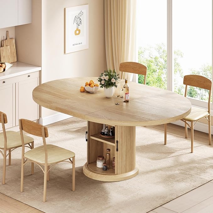 Jocoevol 47″–63″ Extendable Round Kitchen Dining Room Table for 4-6 with 2-Tier Storage Shelf Dust-Proof, Space Saving Expandable Wood Oval Circle Dinner Furniture with Pedestal Base (Natural Oka)
