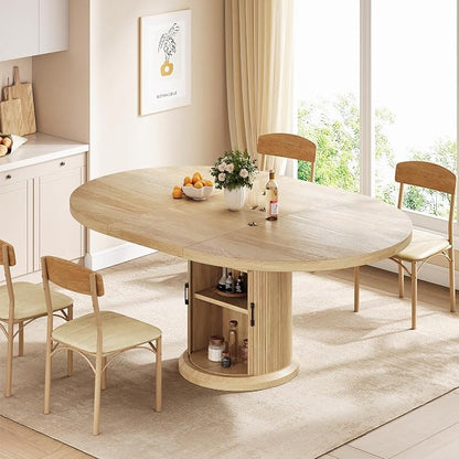 Jocoevol 47″–63″ Extendable Round Kitchen Dining Room Table for 4-6 with 2-Tier Storage Shelf Dust-Proof, Space Saving Expandable Wood Oval Circle Dinner Furniture with Pedestal Base (Natural Oka)