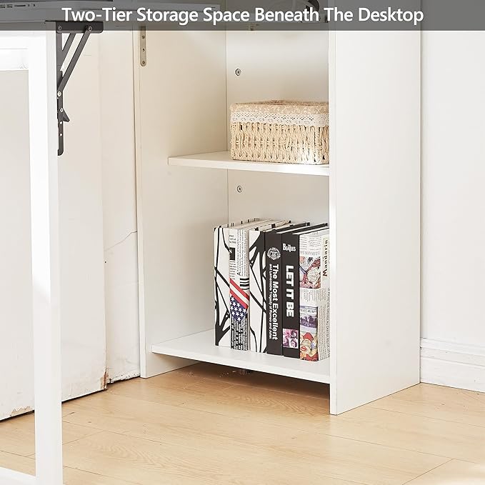 Fold Out Desk,Hidden Desk with Built-in Outlet, Foldable Desk with Storage for Small Spaces,Home Office and Bedroom (White)