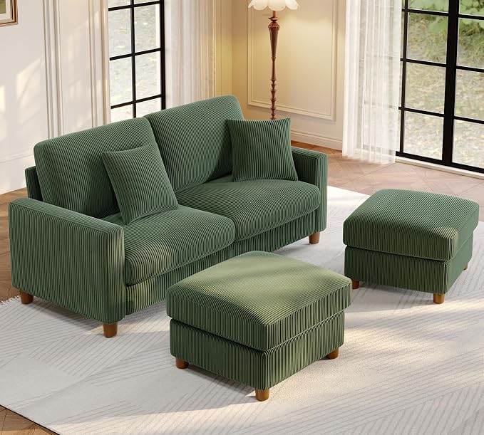 Welzona 70.2" Couches for living room, Comfy U Shaped Couch Green 7.1" Thicker Cushion, Sofas for Living Room Tool-Free Setup, Loveseat with Ottoman 7058lbs Support, Corduroy Couch for Bedroom, Office