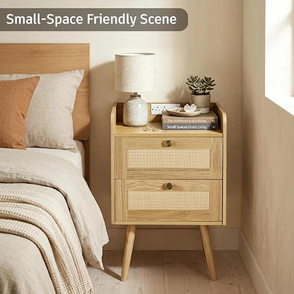 Nightstand with Charging Station, 2 Drawers, Boho Style Rattan Decor Bedside Table, Solid Wood Legs, Open Storage End Table for Bedroom, Small Spaces and Dorm, Natural